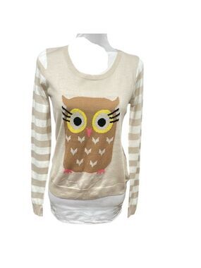 Love By Design Owl Sweater SZ S Cream White